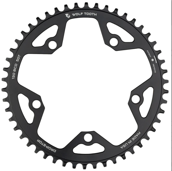 Wolf Tooth 130 BCD Road and Cyclocross Chainring - 42t 130 BCD 5-Bolt Drop-Stop 10/11/12-Speed Eagle and Flattop Compatible Black